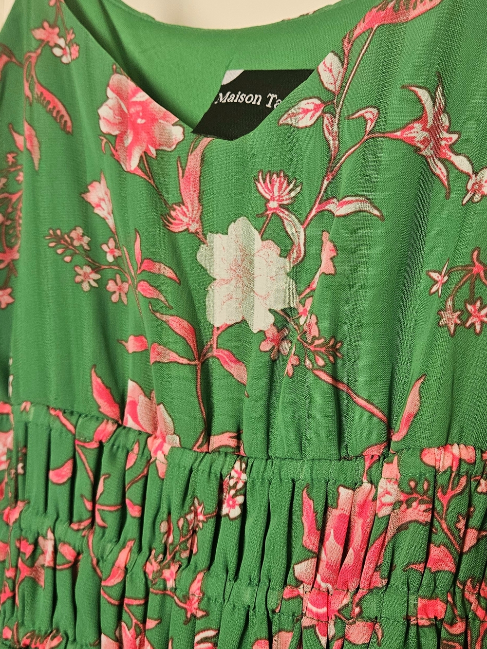 Maison Tara Green Floral Maxi Dress with Pink & White Blooms - Picture 4 of 6